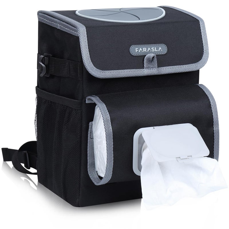 Farasla All-in-One Car Trash Can, Garbage Bag for Car with Removable Leakproof Interior Liner, Adjustable Tissue Holder & Straps(Black) - Image 1
